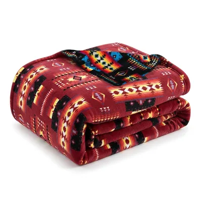 Western Red Blanket: Southwest Aztec Pattern Fleece and Sherpa