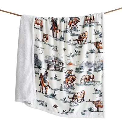 Western Horse Blanket: Cowboy Horses and Cattle Print