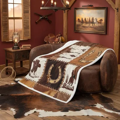 Western Cowboy Horseshoe Blanket featuring a rustic patchwork of boots