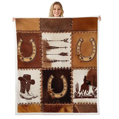 Western Cowboy Patchwork Horseshoes Blanket: Rustic Western Art