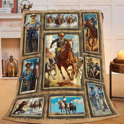 Cowboy Horse Western Art Blanket: Vintage Frames and Galloping Horses