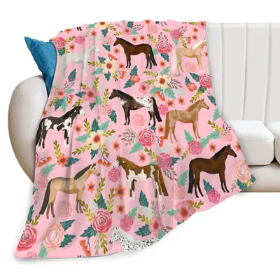 Horses in Pink Floral Print Blanket for Equestrian Lovers