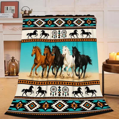Horses Southwestern Pattern Blanket featuring a galloping herd