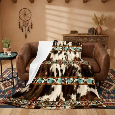 Cowhide Southwestern Western Blanket: Hide Pattern with Aztec Borders