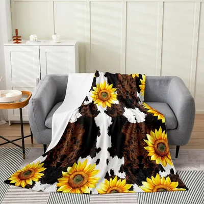 Sunflower Cowhide Western Blanket: Rustic Floral Design