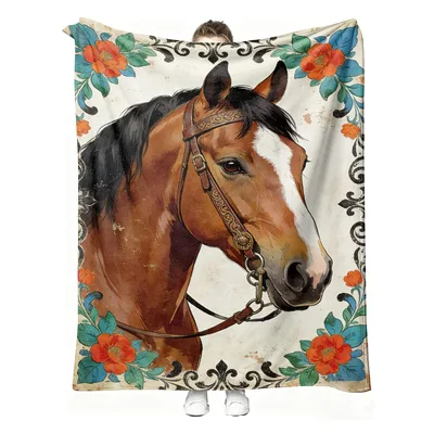 Horse Floral Western Decor Blanket