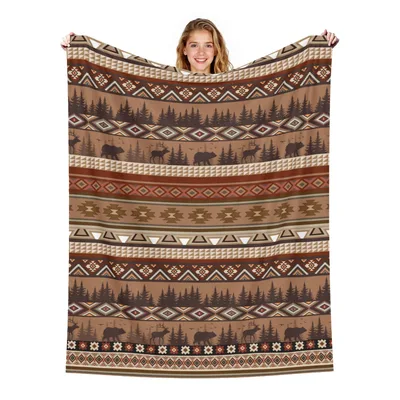 Bear Pattern Blanket: Rustic Wildlife and Geometric Stripes