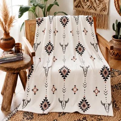 Bull Skull Aztec Western Blanket featuring geometric diamond patterns