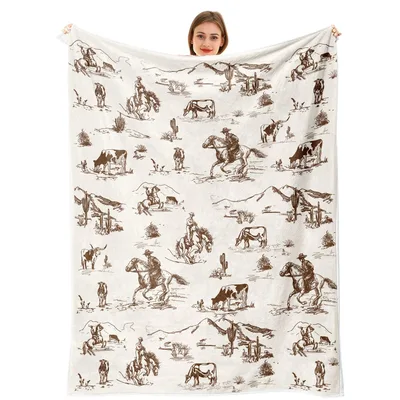 Western Cowboy Ride Toile Blanket: Wild West Horse and Cactus Pattern
