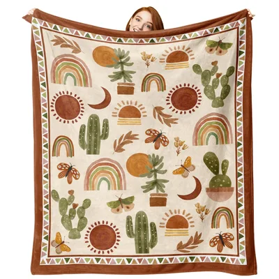 Boho Cactus Rainbow Blanket: Desert Sun and Moon Art