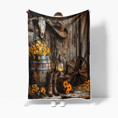 Western Cowboy Barn Decor Blanket featuring rustic boots