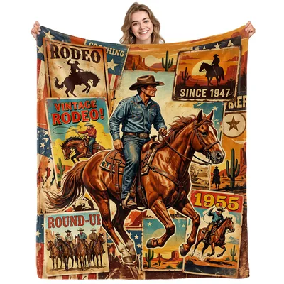 Vintage Western Cowboy Blanket: Retro Rodeo Art for Horse Lovers