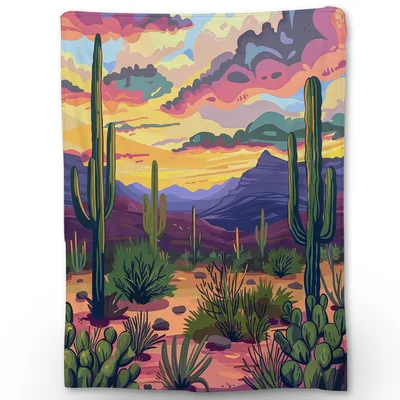 Desert Cactus Sunset Blanket: Vibrant Southwestern Desert Art