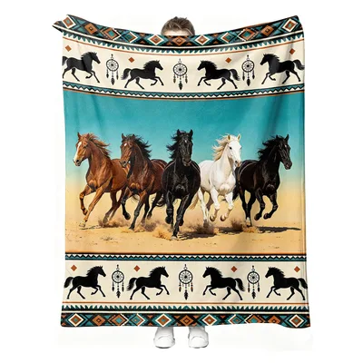 Wild Horses Running in Desert Blanket: Western Art with Dreamcatchers