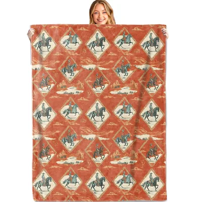 Western Cowboy on Horseback Blanket: Retro Diamond Pattern Throw