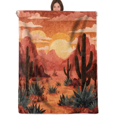 Desert Sunset Cactus Landscape Blanket: Western Desert Art for Home