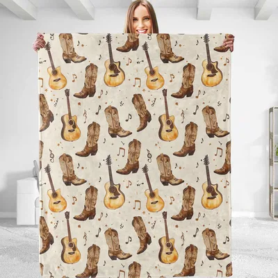 Western Guitar Cowboy Boots Blanket featuring acoustic guitars