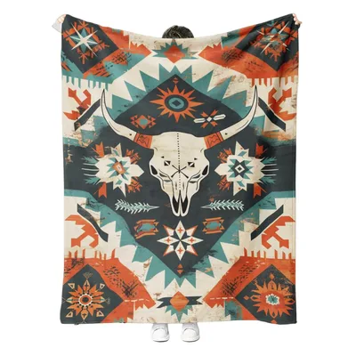 Southwestern Bull Skull Aztec Blanket: Tribal Geometric Art Design