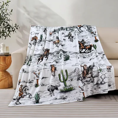 Western Cowboys and Cacti Blanket: Wild West Horse Art for Your Couch
