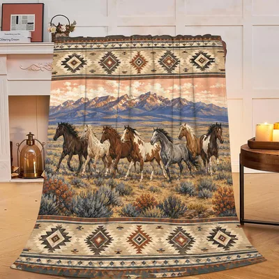 Western Horses Desert Mountains Blanket: Wild Herd in the Southwest