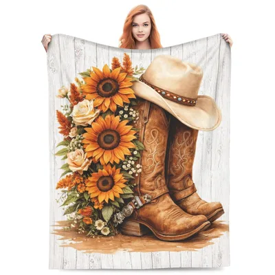 Western Cowboy Boots Sunflowers Blanket: Rustic Floral Country Design