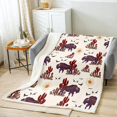 Buffalo Ranch Bison Western Blanket: Rustic Bison and Cactus Design