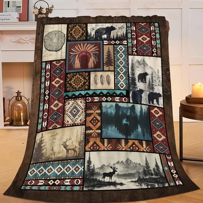 Cabin Western Native Patchwork Blanket: Rustic Wild West Design