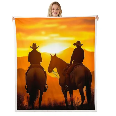 Cowboys Riding Horses Sunset Blanket: Western Silhouette Art
