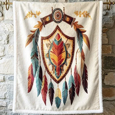 Native Feather Shield Design Blanket featuring a central shield