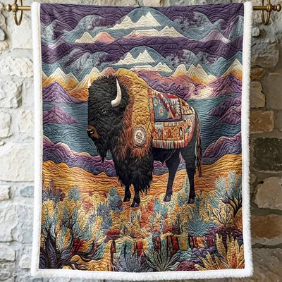 Bison in Native Mountain Blanket: Quilted Bison with Patterned Saddle