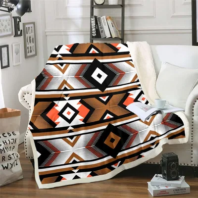 Southwestern Aztec Geometric Sherpa Blanket for Retro Home Decor