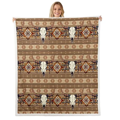 Western Bull Skull Pattern Blanket: Boho Geometric Art Design