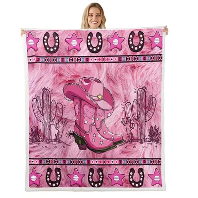 Pink Cowgirl Boots Design Blanket featuring star-patterned footwear