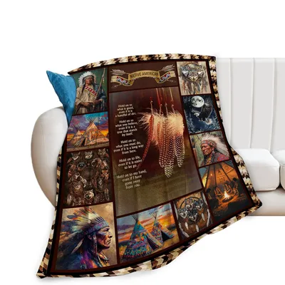 Native American Style Blanket with Cultural Collage Feathers