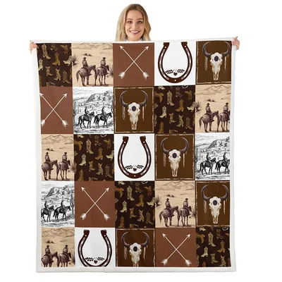 Southwest Cowboy Horseshoe Pattern Blanket featuring bull skulls
