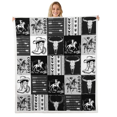 Bull Skull Horse Arrow Blanket: Western Grid Design with Cowboy Motifs