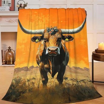 Longhorn Cow Sunset Art Blanket: Western Floral Horned Bull Design