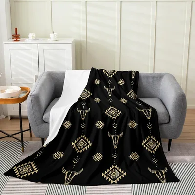 Cow Skull Aztec Tribal Blanket: Western Geometric Design