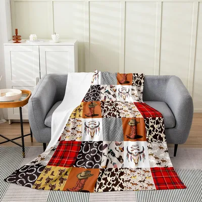 Western Patchwork Print Blanket: Cowboy Skulls and Boots Design