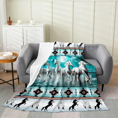 White Horses Tribal Pattern Blanket: Wild Herd and Geometric Borders