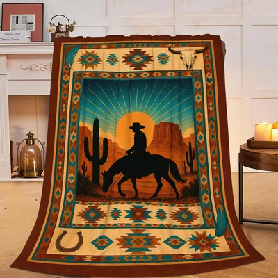 Cowboy Riding Horse Blanket featuring a western sunset silhouette