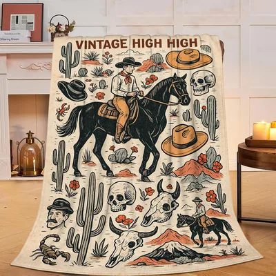 Vintage Cowboy on Horse Blanket: Western Art with Skulls and Cacti