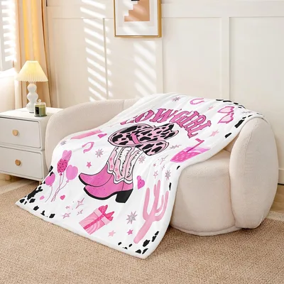 Pink Cowgirl Boots and Horseshoes Blanket
