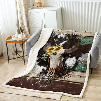 Bull Skull with Sunflowers Blanket: Rustic Western Art for Your Home
