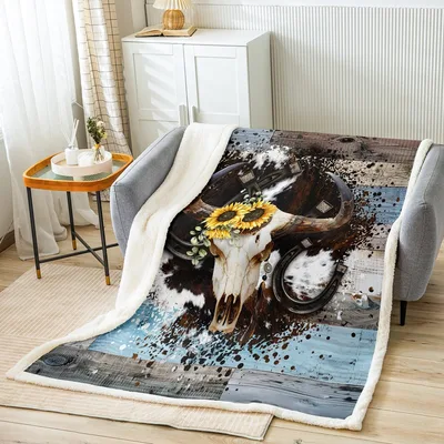 Bull Skull Horseshoe Design Blanket featuring rustic western art