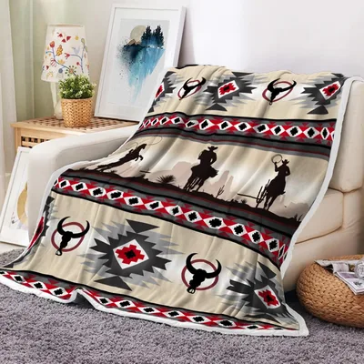 Southwestern Bull Skull Aztec Pattern Blanket for Western Decor