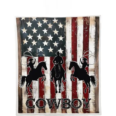Cowboy Horses American Flag Blanket: Western Silhouette Design