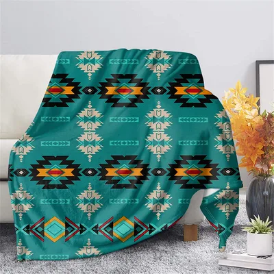 Navajo Style Blanket Teal Tribal Geometric Pattern Throw