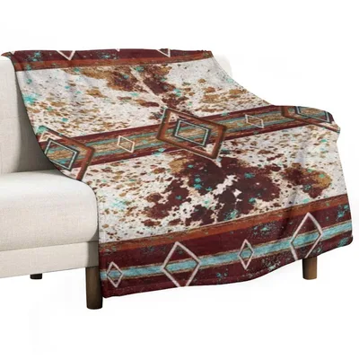 Cowhide Western Boho Pattern Blanket with Geometric Diamond Stripes