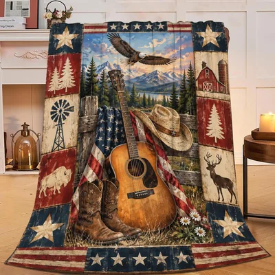 Eagle Guitar American Flag Blanket: Western Country Life Design